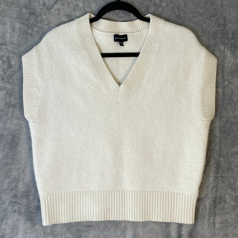 Club Monaco Sweater Vest Womens L Cream Very Good Wool Blend V-Neck Sleeveless